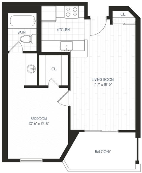 Floor plan for 1 bed, 1 bath, 571 sqft